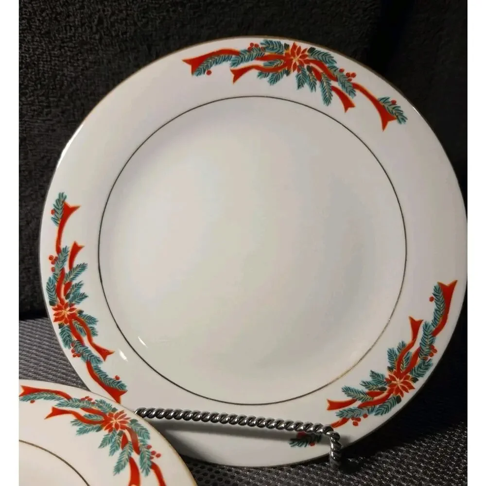 4 - Poinsettia Ribbons Fine China Salad Bread Plates Dishes Red Green 7.5